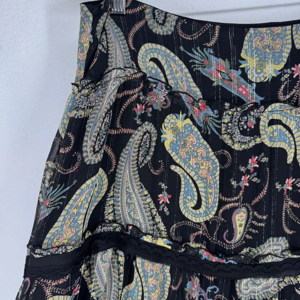Vintage Paisley Tiered Midi Skirt‎ Lace Trim Metallic XL Petite  Whimsigoth Boho